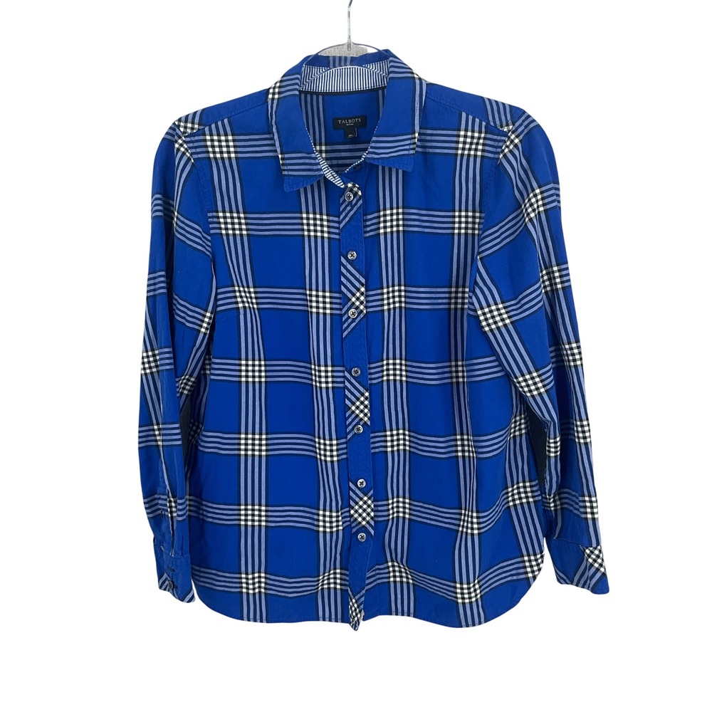 Talbots Button Down Shirt Women Sz MP Blue Cotton Plaid Classic Preppy